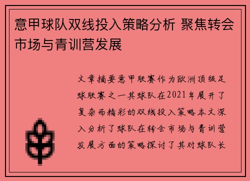 意甲球队双线投入策略分析 聚焦转会市场与青训营发展